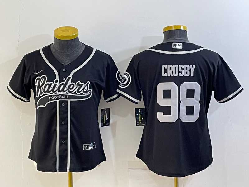 Women%27s Las Vegas Raiders #98 Maxx Crosby Black With Patch Cool Base Stitched Baseball Jersey